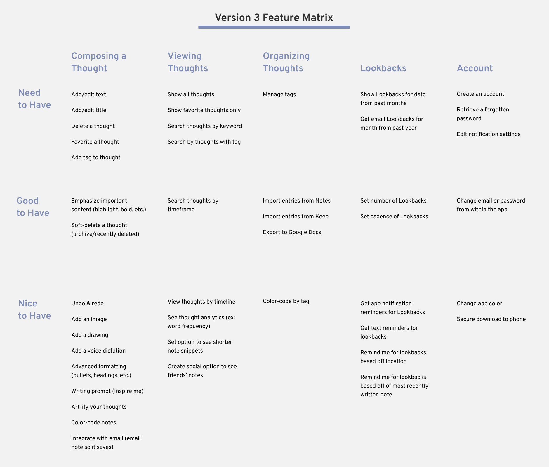 Version 3 Feature Matrix